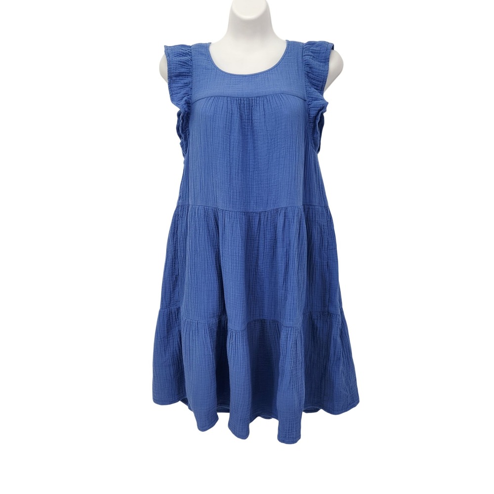 J.Crew Factory Blue Slub 100% Cotton Tiered Ruffle Sundress Pocket Babydoll Mini